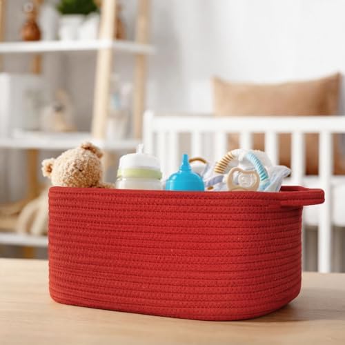 Cute Red Gift Basket, Woven Baskets for Gifts Empty Valentine's Day, Cotton Rope Storage Bin for Organizing, Cat Dog Toy Box, Baby Nursery Organizer, Wicker Easter Basket, Red Room Decor