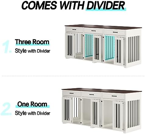Dog Crate Furniture - Indoor Wooden Dog Kennel Furniture with 2 Dividers, 3 Drawers, and 3 Lockable Doors - 72"x23.6"x31.5"H, White