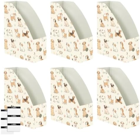 SPRIPORT Cartoon Pets Dogs Paw Pattern Water Resistant PP Magazine File Holder Organizer for Desk, Foldable Storage Rack for Library School Office Document Sorter with Labels 23x30x10cm (3 Pack)