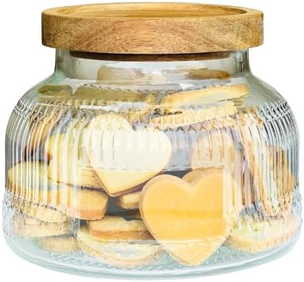 Decorative Ribbed Glass Jar with Airtight Wooden Lid, 40 fl. oz | Wide mouth vintage storage canister, kitchen pantry bathroom organization, coffee sugar tea cookie candy candle vase gift
