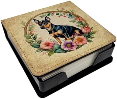 Caroline's Treasures Miniature Pinscher and Flowers PU Leather Note Paper Holder with Artist-Designed Cover, Desk Accessory, Office Gift