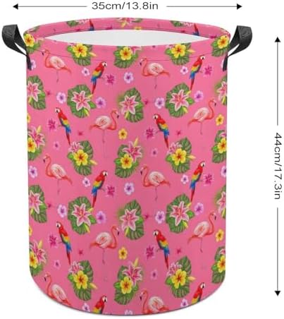 Waterproof Collapsible Hamper Flamingos Flower Parrot Palm Pink Summer Holiday, Large Capacity Laundry Basket with Handles for Clothing, Toy, and Home Organization