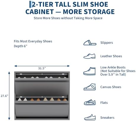 Garvee Slim Metal Shoe Cabinet with 2 Flip Drawers for Entryway, Dark Gray | Narrow Shoe Storage, Wall Mounted or Floor Standing, Detachable Bottom Corners for Flexible Placement, Anti-Tip Wall Mount
