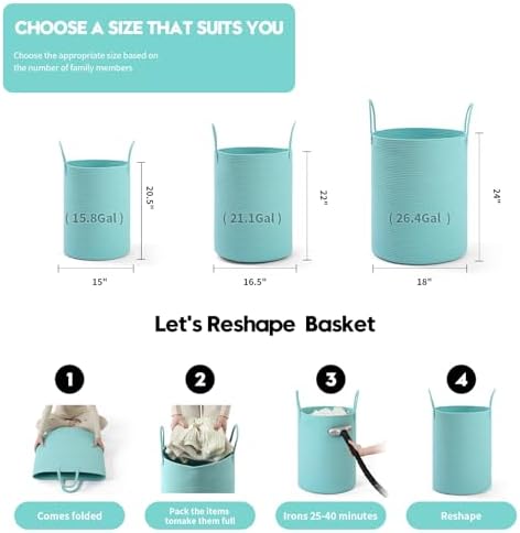 Laundry Basket Hamper Tall Rope Storage Woven for Blanket toys Dirty Clothes in Living Room Bathroom Bedroom (Cyan, 60L/15.8Gal)