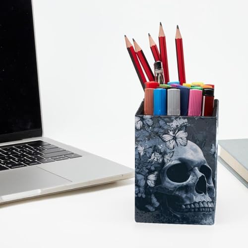 Skull and Butterfly Pen Holder for Desk Decor, Rectangular PVC Leather Pencil Cup for Desk Pen Organizer, Makeup Brush Holder for School, Home, Office