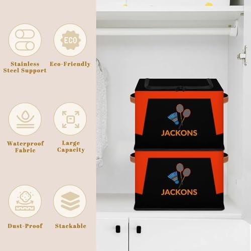 Custom Storage Basket with Zipper Lid, Badminton Theme Foldable Fabric Storage Boxes Decorative Closet Shelves Clothes Organizer Container Cubes with Handle 1PCS