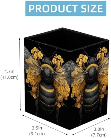 Bee Pen Holder for Desk Decor, Rectangular PVC Leather Pencil Cup for Desk Pen Organizer, Makeup Brush Holder for School, Home, Office