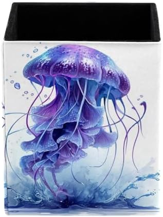 Jellyfish Pen Holder for Desk Decor, Rectangular PVC Leather Pencil Cup for Desk Pen Organizer, Makeup Brush Holder for School, Home, Office