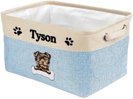 Personalized Fabric Dog Toy Storage Basket with Cute Dog Yorkie Collapsible Sturdy Fabric Bone Pet Toys Storage Bin Cube with Handles for Organizing, Blue and White