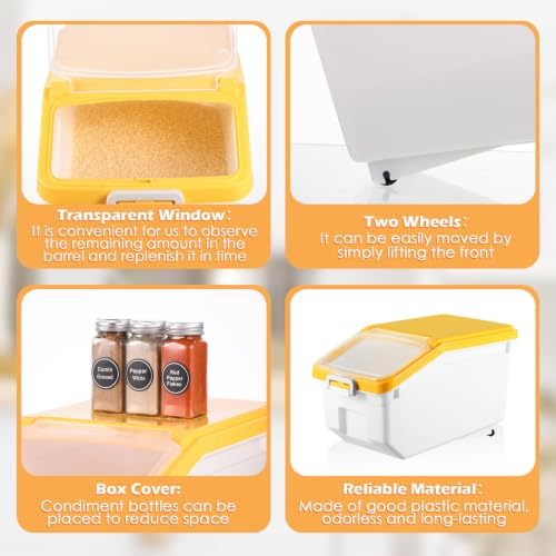 Sunnyray 4 Pcs Rice Storage Containers Bulk Flour Sugar Container Wheels Measuring Cups Set Airtight Pet Dog Cat Birds Food Bin Grain Cereal Organizer Box for Dry Baking(Yellow,22 lb)