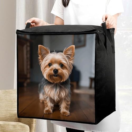 Cute Pet Yorkie Storage Bags Comforter Bedding Clothes Blanket Organizers with Zipper And Handle Moving Bags Thick Breathable Bag Closet Organizer And Under-Bed Storage 70 L