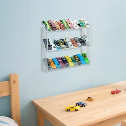 3-Tier Toy Car Display Case, Wall Mount Storage Holds 30 (2 Pack) | Wall mount tiered shelf fits 1:64 scale cars. Cars not included. Assembly required. Holds 30.