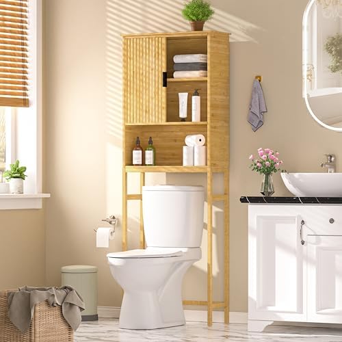 Yardenaler Over The Toilet Storage Cabinet with Fluted Doors, Bathroom Over Toilet Rack with Adjustable Shelf Bamboo FreeStanding Space-Saving Storage Organizer, Natural