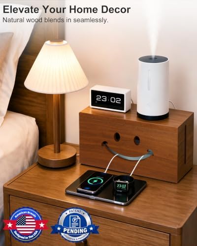 Solid Wood Cable Management Box, Cute Smile Cord Hider Box for Desk