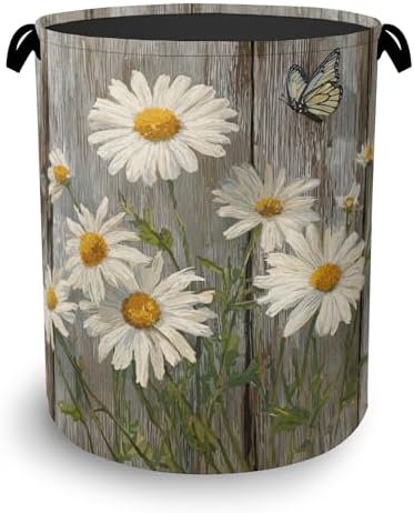 Vintage Daisy Laundry Basket,Wooden Butterfly Oxford Cloth Laundry Hamper with Handle Foldable Portable Clothes Storage Basket for Bathroom Bedroom Dorm Room 16" x 20.8"