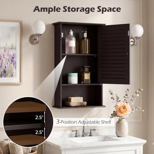 Tangkula Medicine Cabinet, Wall Mounted Bathroom Cabinet Single Door Wooden Bathroom Wall Cabinet with Adjustable Shelf (Brown)