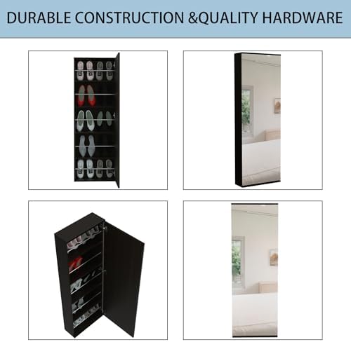 Shoe Cabinet with Mirror Modern Black Mirrored Shoe Storage Cabinet 67" Tall 5-Tier Shelves Narrow Shoe Storage Cabinet for Entryway Space Saving Furniture (Wall-Mounted, Black)
