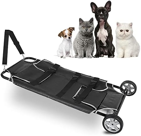 Black Animal Stretcher with Safety Belt and Wheels, Max Loading 110lbs Pet Trolley Veterinary Transport Stretcher, 45x26 Inch Pet Transport Trolley Animal Gurney Carrier for Animal Dog Cat (Foldable)
