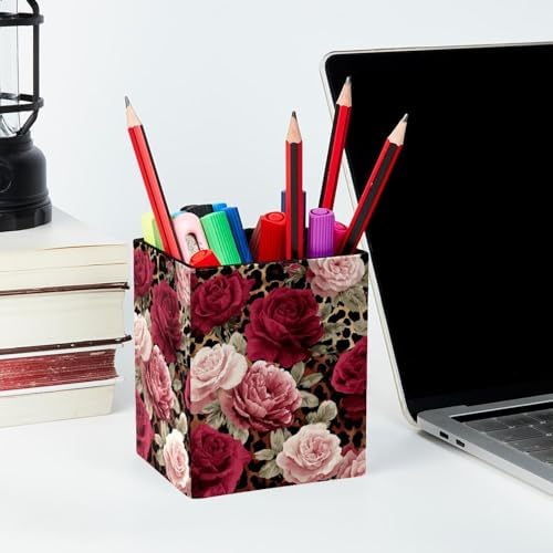 Leopard Print and Roses Pen Holder for Desk Decor, Rectangular PVC Leather Pencil Cup for Desk Pen Organizer, Makeup Brush Holder for School, Home, Office
