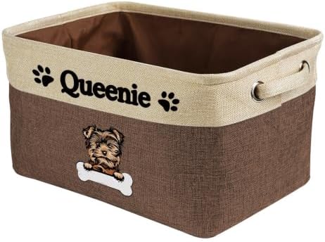 Personalized Fabric Dog Toy Storage Basket with Cute Dog Yorkie Collapsible Sturdy Fabric Bone Pet Toys Storage Bin Cube with Handles for Organizing, Brown and White