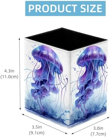 Jellyfish Pen Holder for Desk Decor, Rectangular PVC Leather Pencil Cup for Desk Pen Organizer, Makeup Brush Holder for School, Home, Office