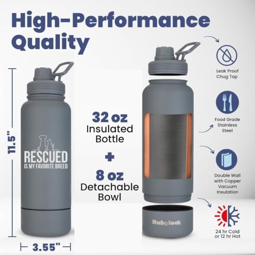 Rubyloo Dog Mom Essentials Bundle - Puffer Tote with Storage Containers (Black) and 32 oz Water Bottle with Detachable Bowl (Rescued is My Favorite Breed) - Travel Bag and Hydration Set