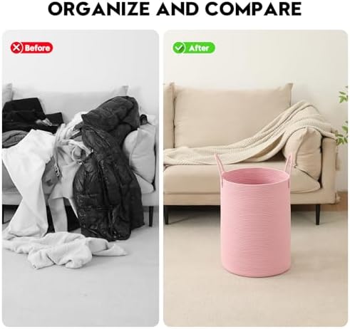 Laundry Basket Hamper Tall Rope Storage Woven for Blanket toys Dirty Clothes in Living Room Bathroom Bedroom (Pink, 100L/26.4Gal)