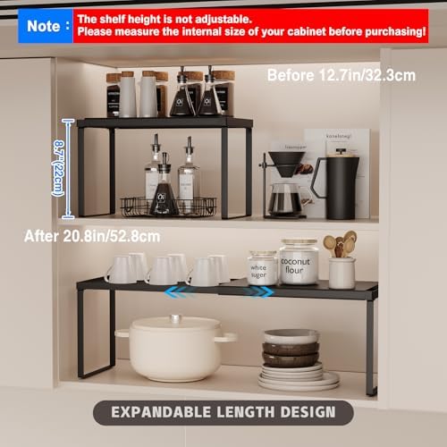 Magheo Expandable Kitchen Countertop Organizer, 1 Pack Stackable Cabinet Shelf Risers, Metal Spice Rack Heavy Duty Counter Organizer Storage for Kitchen, Pantry, Cupboard, Rv (8.7in Height,Black)