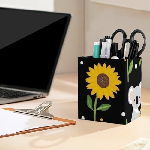 Pen Holder Square Desktop Organizer Pencil Cup For Desk, Office, Home And Stationary Supplies Cute Koala Black Yellow Sunflower