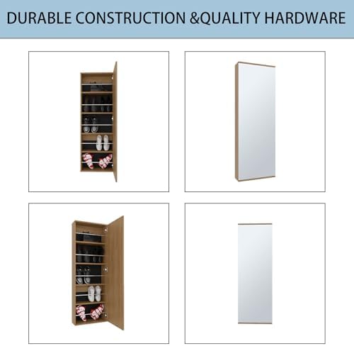 Shoe Cabinet with Mirror Modern Black Mirrored Shoe Storage Cabinet 67" Tall 5-Tier Shelves Narrow Shoe Storage Cabinet for Entryway Space Saving Furniture (Wall-Mounted, Oak)