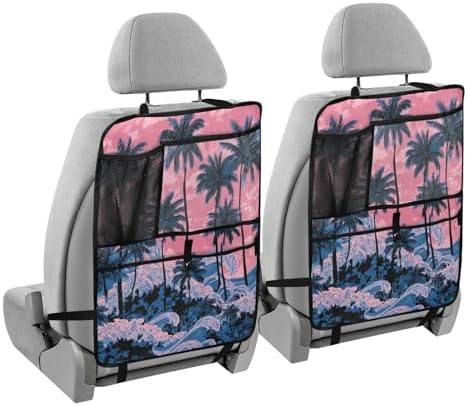 2 Pack Back Seat Car Organizer with Storage Pockets Kick Mats Back Seat Protector Hanging Car Organizer Automotive Seat Back Cover Organizers Palm Tree Wave Pink