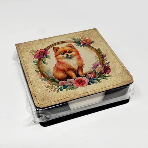 Caroline's Treasures Pomeranian and Flowers PU Leather Note Paper Holder with Artist-Designed Cover, Desk Accessory, Office Gift