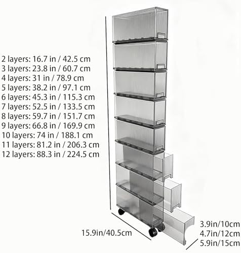 Slim Storage Cabinet with Wheels, Space Saving Narrow Rolling Cart, Thickened PET Transparent Drawer Organizer, Mobile Bathroom for Small Spaces Kitchen Laundry(Clear Gray,3.9*15.9*59.7in)