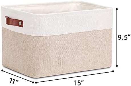 DULLEMELO Fabric Storage Basket for Shelves/Closets, Collapsible Rectangle Basket for Organizing Clothes, Towels, Books, Laundry, Nursery, Dog Basket Empty (White&Khaki)