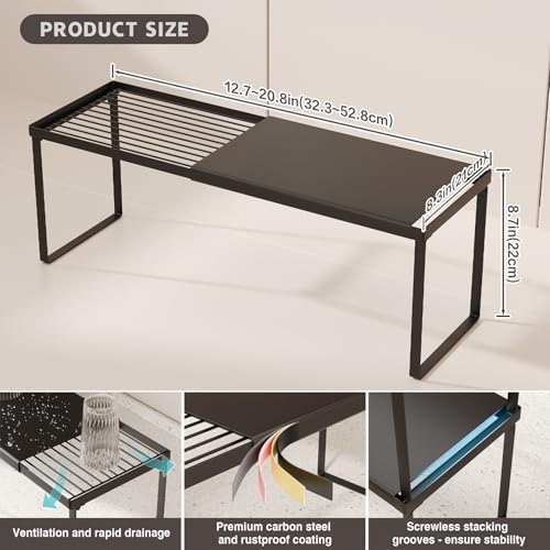 Magheo Expandable Kitchen Countertop Organizer, 1 Pack Stackable Cabinet Shelf Risers, Metal Spice Rack Heavy Duty Counter Organizer Storage for Kitchen, Pantry, Cupboard, Rv (8.7in Height,Black)