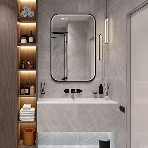 Plastic Black Medicine Cabinet 16x24 Beveled Mirror, Recessed/Surface Mount | Black Metal-Framed Bathroom Mirror Cabinet with 2 Adjustable Shelves, Reversible Door; Fully Assembled for Surface Mounting
