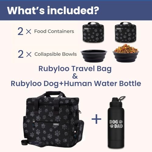 Rubyloo Original Doggy Bag (Paw Print) & 32oz Insulated Water Bottle with Attached 8oz Bowl (Dog Dad) – Dog Travel Bag & Hydration Set