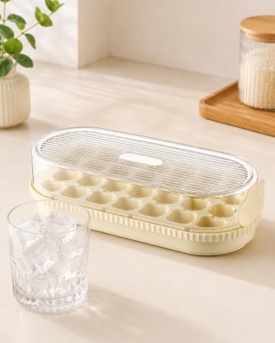 Press Ice Cube Tray with Lid Easy Release Mold Box Fill | PP+TPE+PET, 9.4 x 4.1 x 2.6 In, Ice Maker Stackable Odorless Storage Bin for Cocktail Whiskey Mint , Sweet Yellow