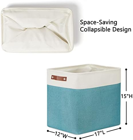 DULLEMELO Large Collapsible Storage Basket/Bin with Sturdy Leather Handles, Fabric Organizer Bin for Storage Clothes, Toys, Books, Office, Bedroom, Closet, Nursery & Laundry (White&Teal)