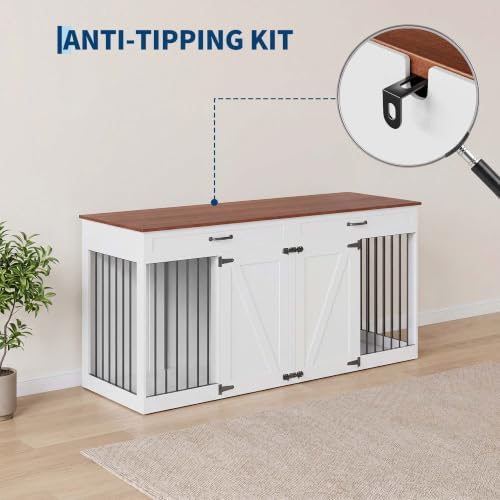 70.8" Large Dog Crate Furniture for 2 Dogs, Dog Crate with 2 Drawer, Farmhouse Dog Crate with Removable Divider Dog Kennel Furniture, Heavy Duty Dog Cage and TV Stand for Large Medium Dogs