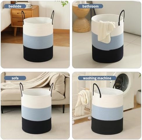 Laundry Basket Hamper Tall Rope Storage Woven for Blanket toys Dirty Clothes in Living Room Bathroom Bedroom (Gradient Blue, 60L/15.8Gal)