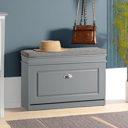 Haotian Shoe Storage Bench with Cushion, Grey Narrow Shoe Rack for Entryway, Small Shoe Cabinet with Flip-Drawer, Closet Hallway Mudroom FSR82-L-HG
