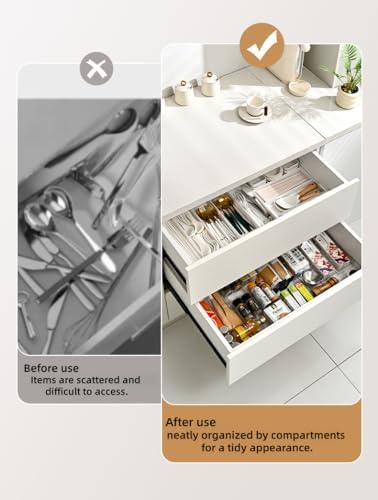 9 Compartments 4-Way Expansion Drawer Storage Box - Removable Divider for Space Saving and Organization for Cosmetics, Kitchen Utensils and Office Desk Essentials