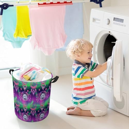 Large Foldable Laundry Basket Flower Dream Catcher Boho Wolf, Waterproof Hamper with Handles for Clothes, Toys, and Towel Organization at Home