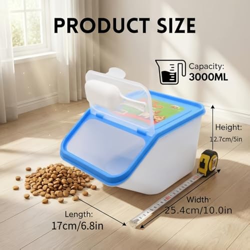 3-Pack Airtight Pet Food Storage Container Set, 3000ML Small Dog Cat Food Bin with Scoop, 10" x 6.7" Clear Kibble Container with Sealing Ring, Moisture-Proof Treat Organizer - Blue, Pink, Grey