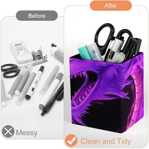 Women's Pen Cup Pencil Holder Makeup Brush Storage Purple Fire Dragon Leather Desk Organizer