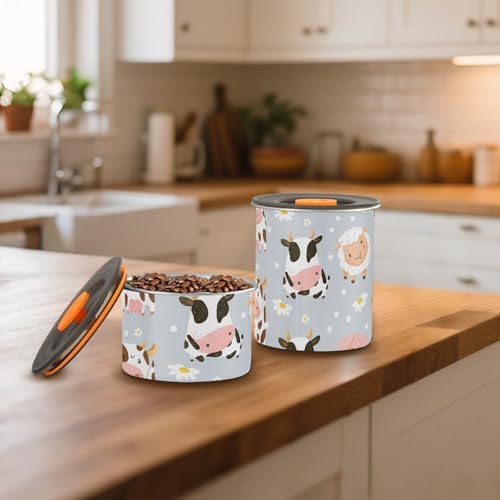 Cute Cows Coffee Canister with Lid Airtight Food Storage Containers 17OZ Stainless Steel Canisters Kitchen Food Organizer for Beans, Cereal, Pasta, Flour, Sugar, Snacks