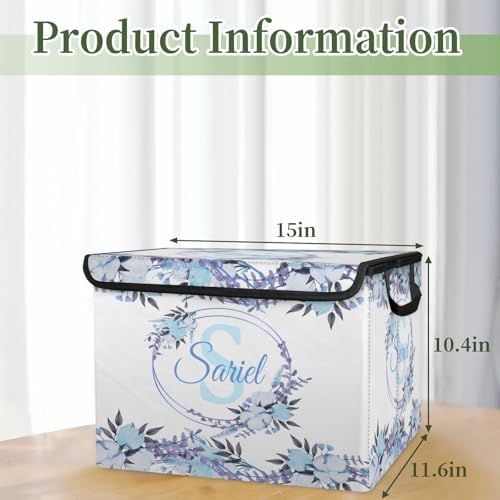 Blue Flower Storage Bin with Lid Personalized Storage Baskets for Organizing Foldable Closet Organizers with Handles,Cute Basket for Boys Girls for Clothes Blanket Pet Dog Toy Basket Storage (1 Pack)