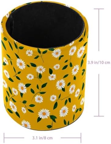 Faux Leather Pen Holder for Desk, Pencil Organizer Daisy Pen Cup Desk Decor Makeup Brush Holder Storage for Office Home