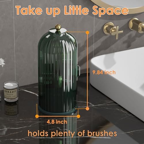 YOOLENS Makeup Brush Holder with Lid 360 Rotating Clear Dustproof Make Up Organizers for Vanity Bathroom Countertop, Green